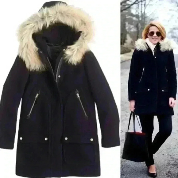 J. Crew Chateau Parka Stadium Cloth Wool Blend Coat Trim Fur Black Size 4 - Picture 2 of 13